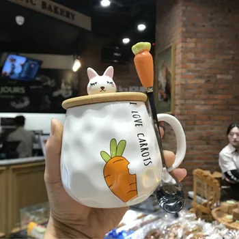 

Ceramic Cute Rabbit Coffee Tea Cup Mug With Carrot Spoon Wood Cover