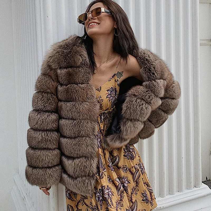 

RR Solid V Neck Jackets Women Fashion Real Fox Fur Coats Women Elegant Medium Jackets Female Ladies IT