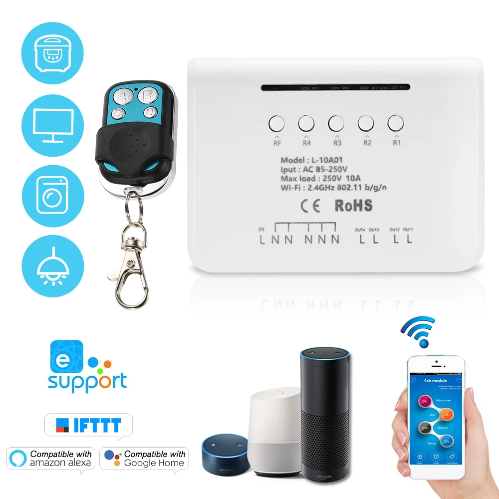 EWeLink 4CH wifi модуль переключателя RF 433 МГц 4 банды беспроводной умный переключатель+ 1 шт. 4 кнопки дистанционного управления Умный дом - Комплект: Набор2