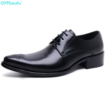 

QYFCIOUFU High Quality Genuine Leather Oxford Shoes Men Pointy Shoes Lace-Up Carving Business Dress Shoes Male Formal Shoes