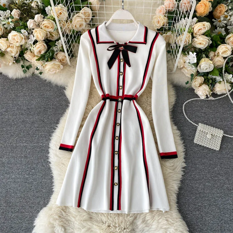 New Autumn Women Dress Single Breasted Long Sleeve Dress Ladies Knitted Strip Bowknot Lapel Elegant Knee-length Dresses New Autumn Women Dress Single Breasted Long Sleeve Dress Ladies Knitted Strip Bowknot Lapel Elegant Knee-length Dresses