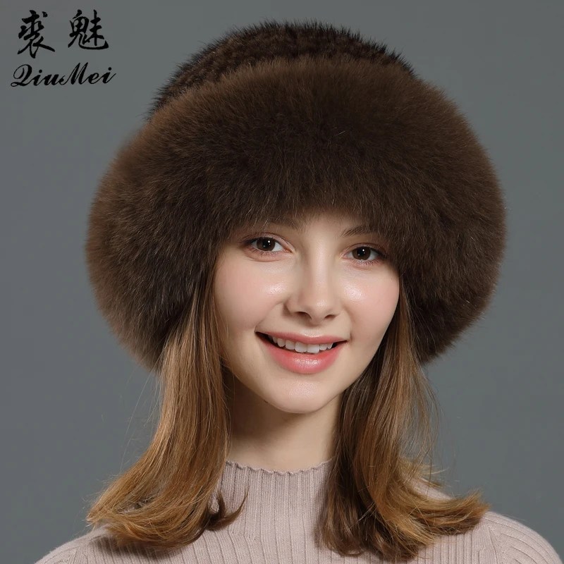 Зимняя женская шапка из натурального меха, шапки из меха норки, новинка, шапки из натурального меха с мехом лисы, роскошные вязаные шапки для женщин из натурального меха