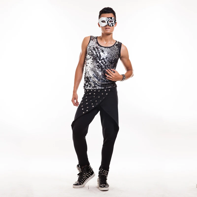 New DS Men Costume Sequin Vest Bar Dj Costume Drum Performance Wear Street Dance Clothing GoGo DancerNightclub Costume BL2062