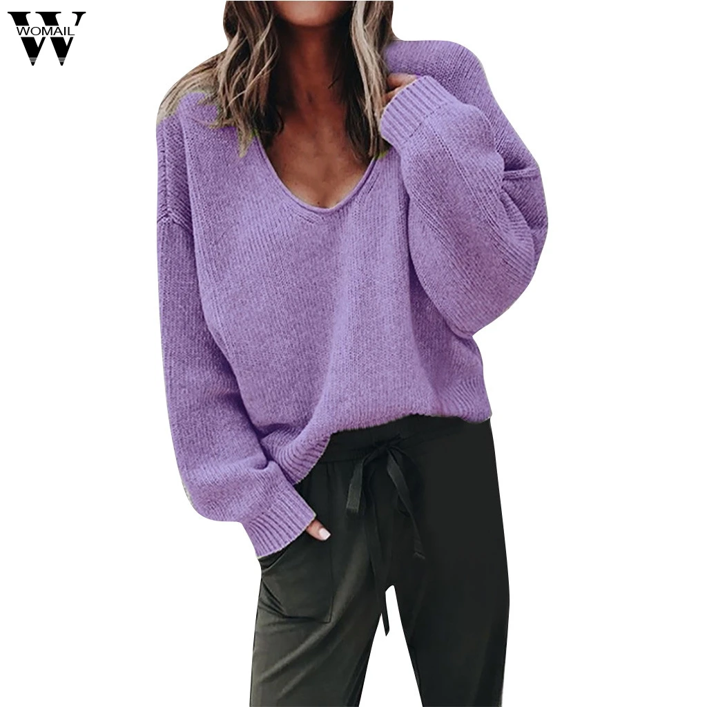 Женский свитер, женский чистый цвет, v-образный вырез, длинный рукав, Осень-зима, однотонный Повседневный пуловер, вязаный свитер, вязаная одежда 15