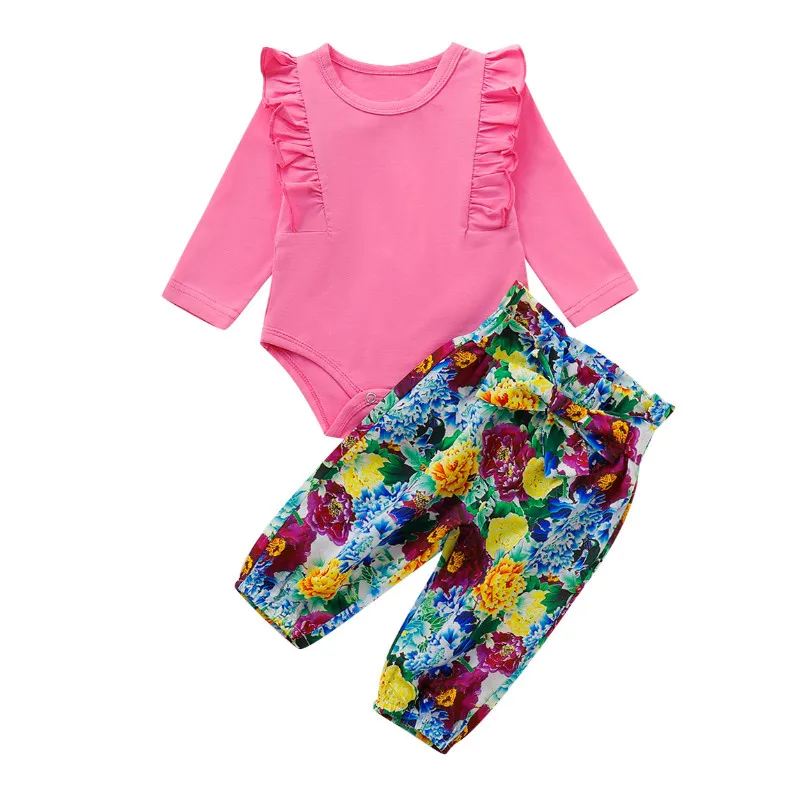 

Spring Autumn Cute Newborn Fashion Infant Baby Girl Long Sleeve Ruffles Solid Color Romper Bandage Floral Printed Pants Outfit