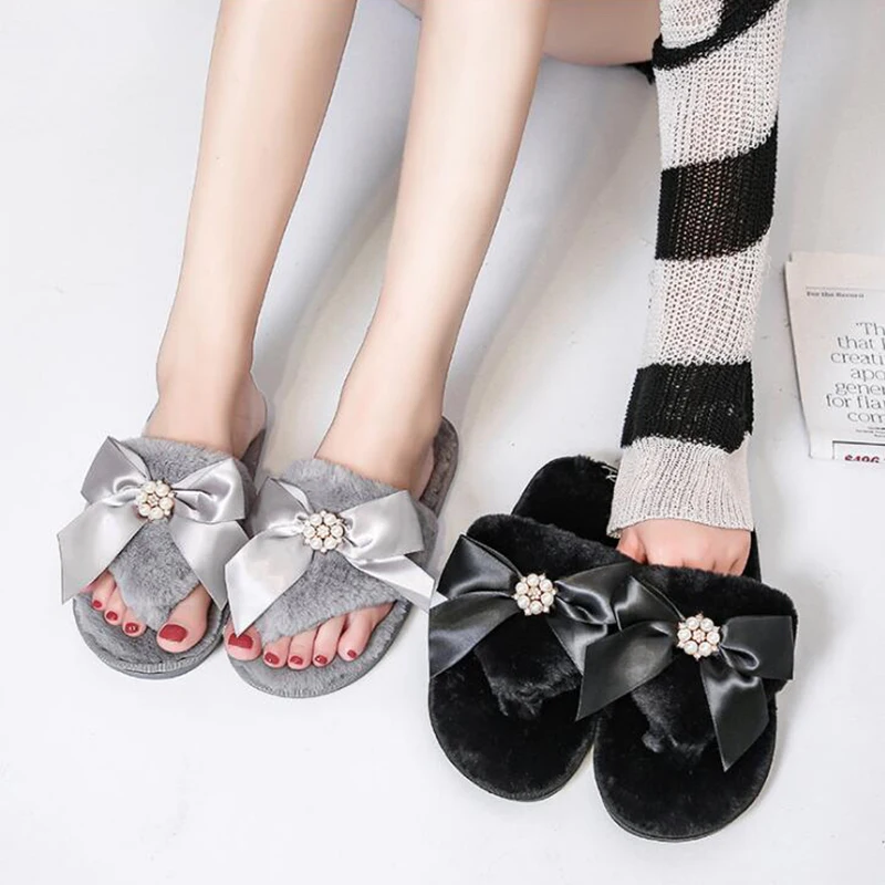 Women's Bow Slippers Flat Bottom Non-Slip Home Warm Clip-Toe Cotton Flip Flops Women indoor Plush flip flops shoes woman y377