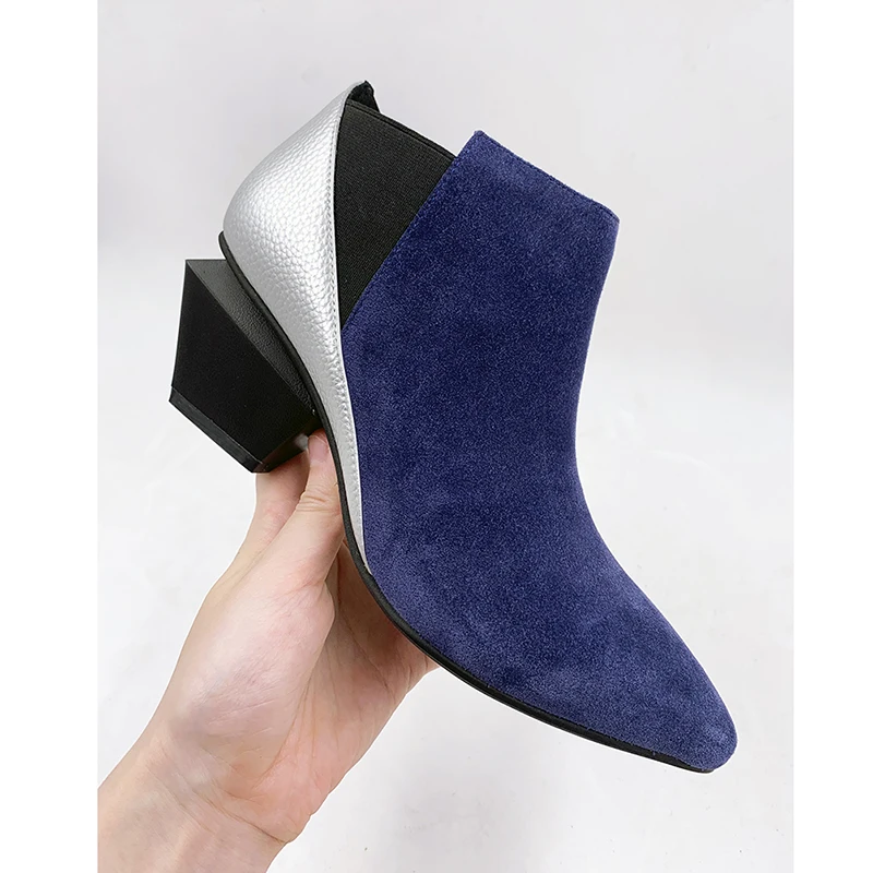 Blue Suede 6cm Ботинки с острым носком на массивном каблуке; короткие зимние Брендовые женские ботинки; обувь из натуральной кожи на меху; цвет синий; необычные ботильоны «Челси» на высоком каблуке без застежки - Цвет: Blue Suede 6cm