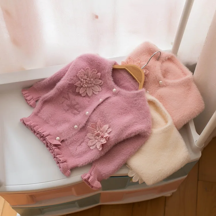 

Thunderers Spring Autumn Cute Kids Sweater For Girls Long Sleeve Floral Children Sweater Hairy Girl Cardigan Elegant Clothes