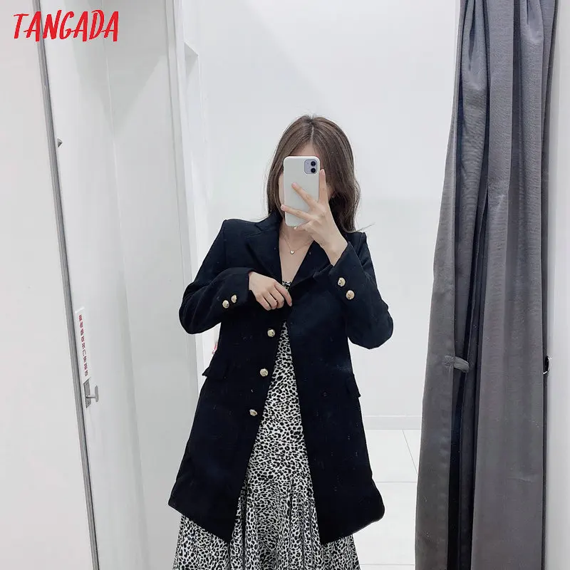 Tangada женское черное зимнее длинное пальто с пуговицами, женское теплое шикарное пальто с карманами, винтажная верхняя одежда 2W107