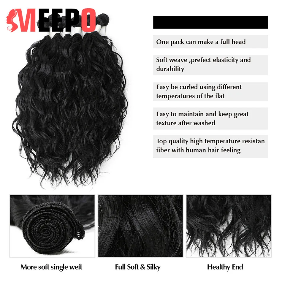 Meepo Synthetic Hair Bundles Natural Wave 6 Bundles(14*2+16*2+18*2) with Closure Curly Hair Extensions High Temperature Fiber