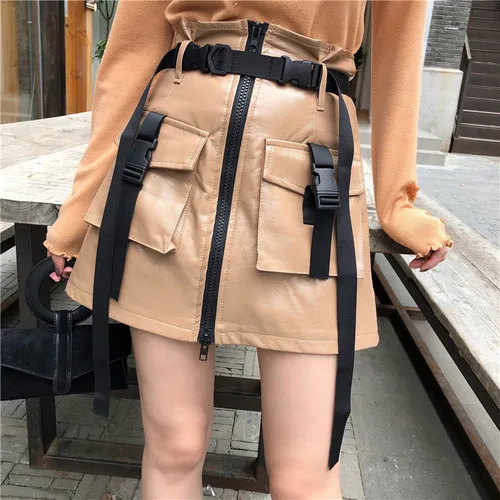Хаки OCEANLOVE PU Прочные юбки Mujer Moda трапециевидные с высокой талией и карманами женские юбки осень зима Высокая мода мини юбки 13168 - Цвет: Хаки