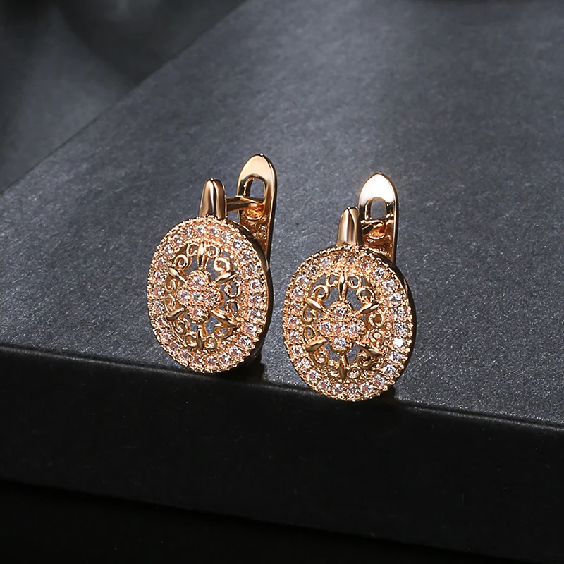 Kinel Luxury Wedding Zircon Stud Earrings Hollow Flowers Oval Earrings Beautiful For Women 585 Rose Gold Engagement Jewelry