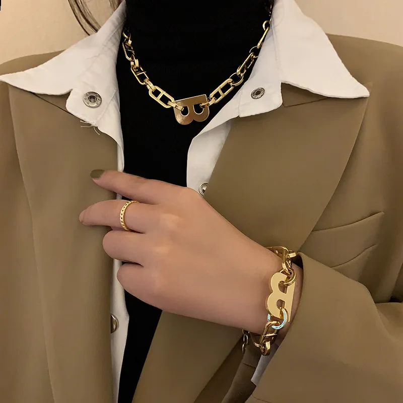 Fashion Gold Color Metal Letter B Earrings Bracelets for Women Thick Link Chain Bracelets Necklace Couple Jewelry Gift jewelry sets,jewelry set