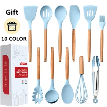 

11/12/13 PCS-Kitchen Utensils Set-Silicone Cooking Utensils for Non-stick Cookware Spatula Spoons Wooden Kitchen Tool Set / Blue