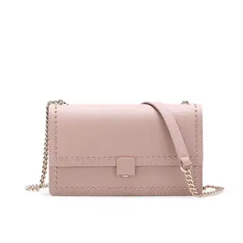 

2019 New Sweet Lady Leather One Shoulder Women's Bag Solid Color Rivet Small Square Bag Chain