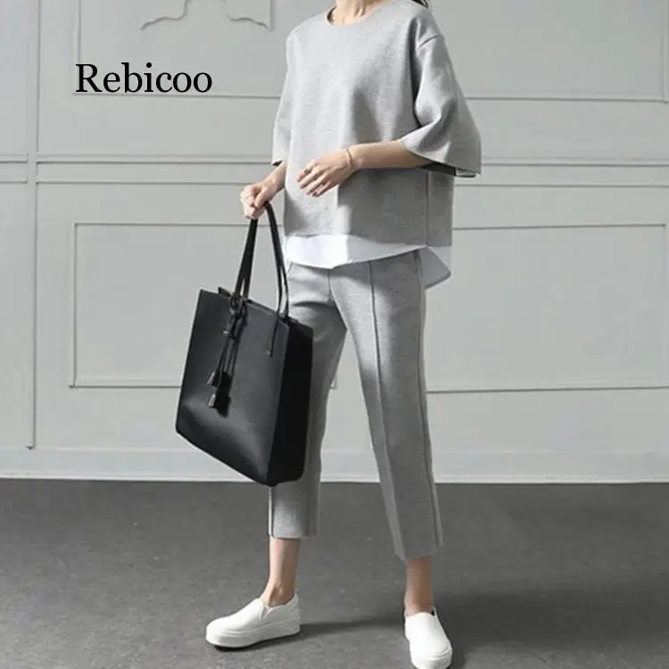 Autumn gray white Casual O-Neck Fake Two Pieces Top 3/4-Length Pants Two-piece Sets Loose Splits Sleeve Cotton Suits |