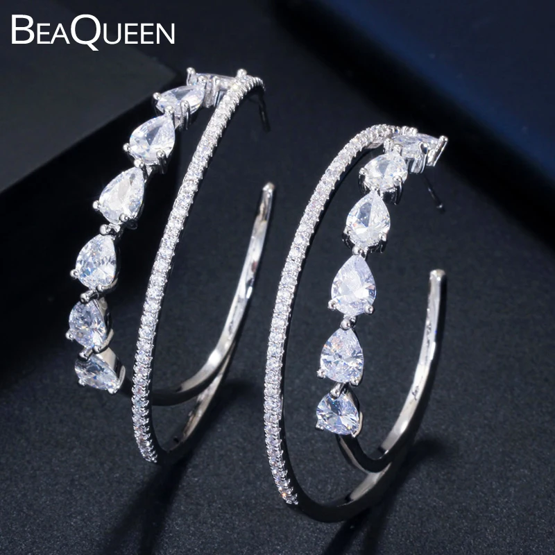 

BeaQueen Classic Water Drop Cubic Zircon Stones Paved Big Double Circle Round Hoop Earrings Fashion Party Jewelry for Women E327