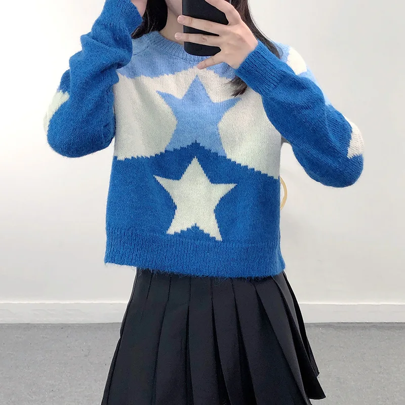 

Soft Warm Mohair Sweater Women Autumn Winter Pullovers 2021 New Jumpers Color Block Five-pointed Star Jacquard Knit Sweater Tops