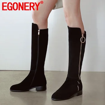 

EGONERY winter warm new concise knee high boots outside comfortable round toe low heels zip women shoes drop shipping size 34-42