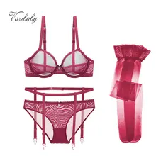 Varsbaby, сексуальные прозрачные дышащие бюстгальтеры в комплекте без подкладки, бюстгальтеры+ подвязки+ трусики+ чулки, 4 шт