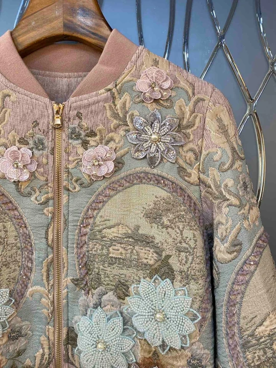 Autumn and winter new women's jacquard embroidery pattern decoration zipper long sleeve short coat 1014