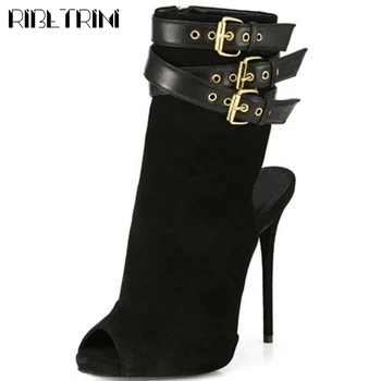 

RIBETRINI Extreme High Heel Buckle Peep Toe Shoes Woman Fashion Genuine Leather Sandals Women Sexy Party Club Sandals