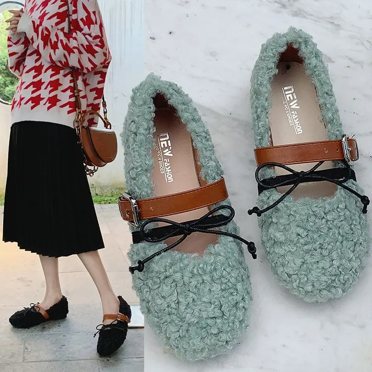 

2019 Autumn And Winter New Style Lambs Wool Bandage Cloth Buckle plus Velvet Fluffy Shoes Women's Tennis Red A Xi Brother Celebr