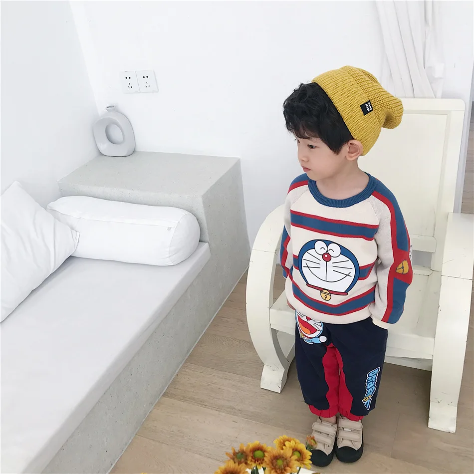 Tonytaobaby/Новинка; осенне-зимняя одежда для мальчиков и девочек; Детский свитер из чистого хлопка в полоску с рисунком