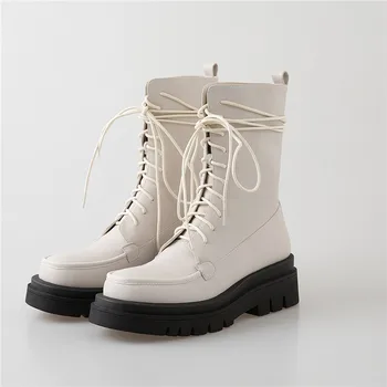 

2020 New Fashion Female Leather Thick Ankle Boots Solid Color Flat platform women Botines Mujer Botas Feminina scarpe casual