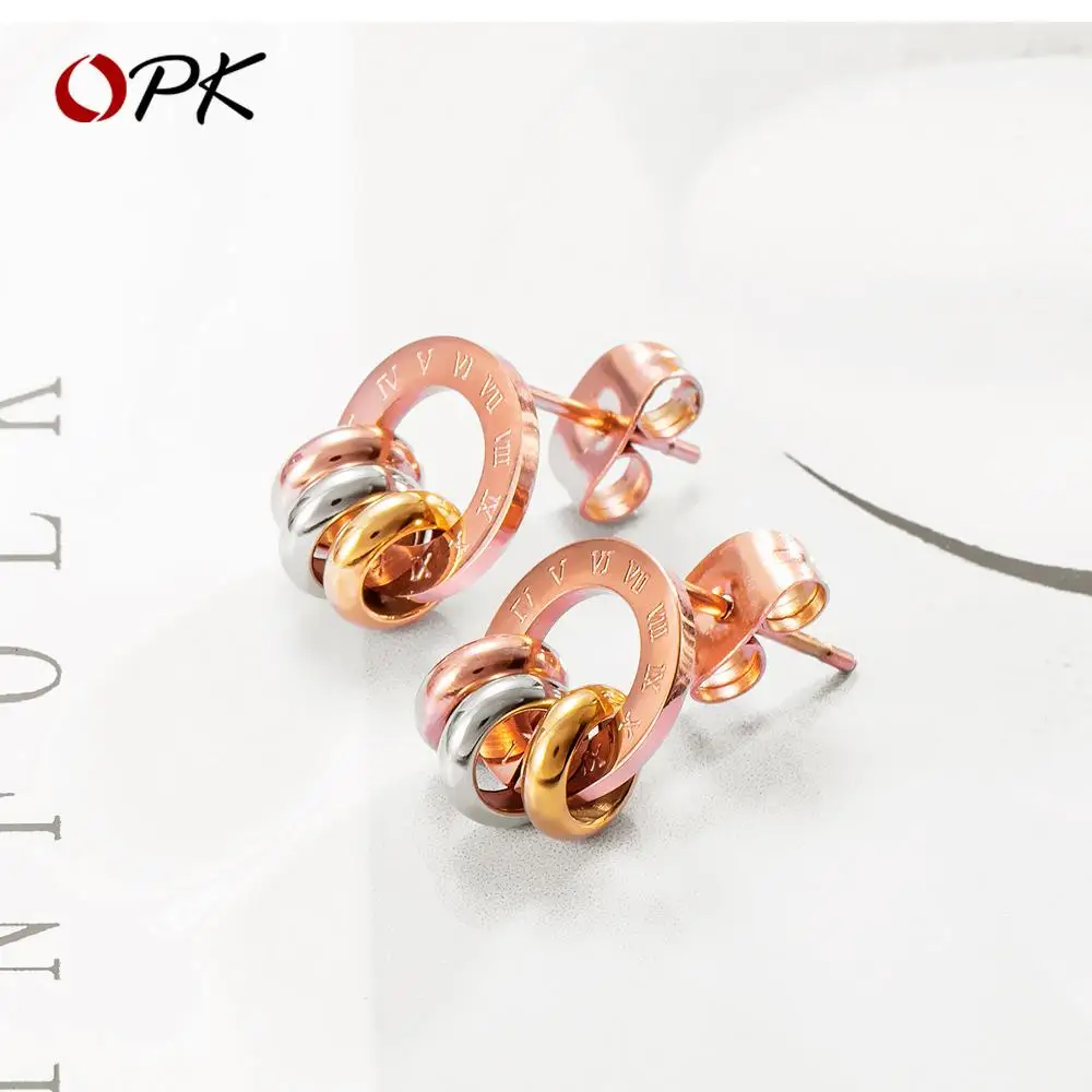 Oumart женские корейские модные темпераментные серьги, Классические римские цифры, трехцветное ушное кольцо с титановым покрытием из розового золота - Окраска металла: Rose Gold
