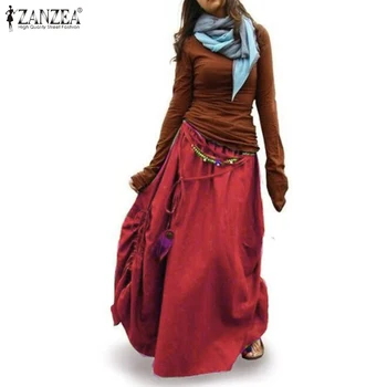 

Spring Women's Causal Vestidos ZANZEA 2020 Bohemian Maxi Skirts Elastic Waist Long aldas Saia Female Solid Robe Plus Size 5XL