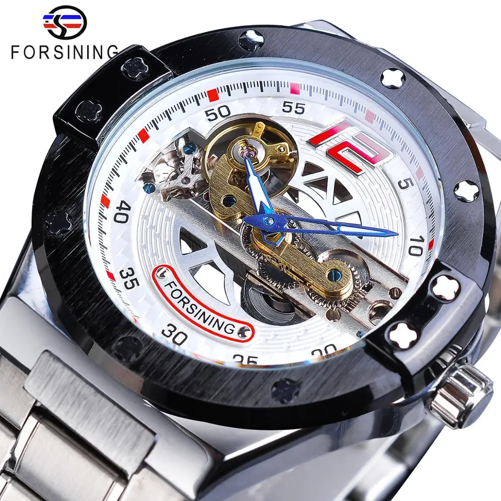 Forsining новые гоночные Мужские механические часы Автоматические спортивные военные прозрачные серебряные качественные часы из нержавеющей стали