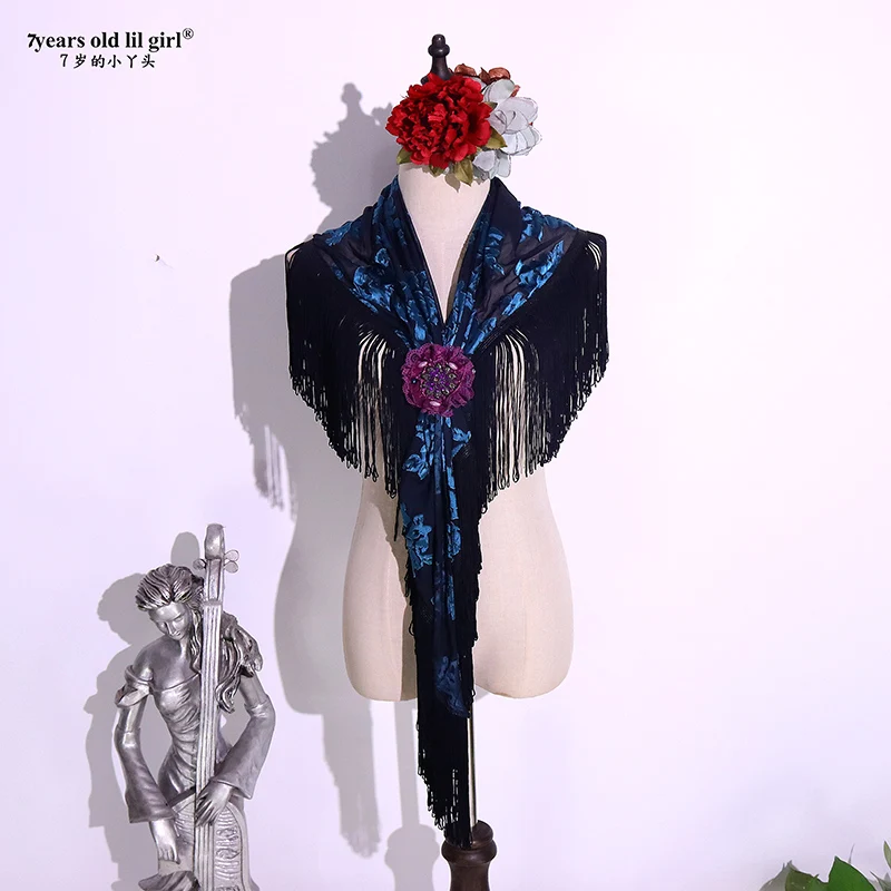 

Flamenco Dance Hollow Out Three-Dimensional Jacquard Perspective True Velvet Shawl Crotch Twiel BK406