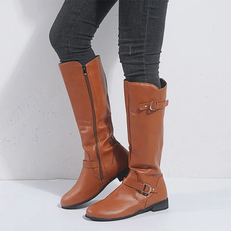

MCCKLE Autumn New Women Knee High Boots Solid Leather Low Heels Female Shoes Casual Zipper Buckle Strap Ladies Retro Footwear