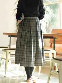 

CYNTHIA Chinese-style Women’s Bust Skirt Vintage Elegant Plaid Pleated A-line Mid-long Female Skirt Lady Autumn Winter
