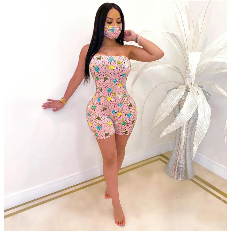 Adogirl Women Jumpsuit Ice Cream Print Strapless Shorts Romper 2020 Summer Casual Overalls Jumpsuit Set