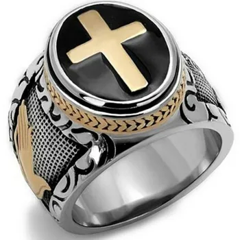 

CHUHAN Men's Vintage Holy Two Tone Cross Ring Jesus Christ Hands Praying Ring Wedding Domineering Ring Hip Hop Jewelry