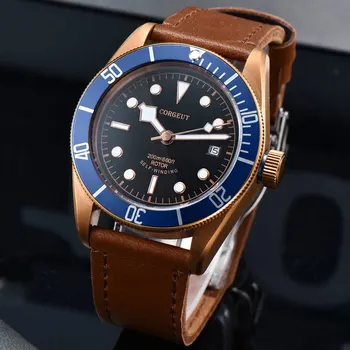

Corgeut 41mm black dial luminous marks blue bezel bronze coated case date 200m waterproof automatic movement men's wrist watch