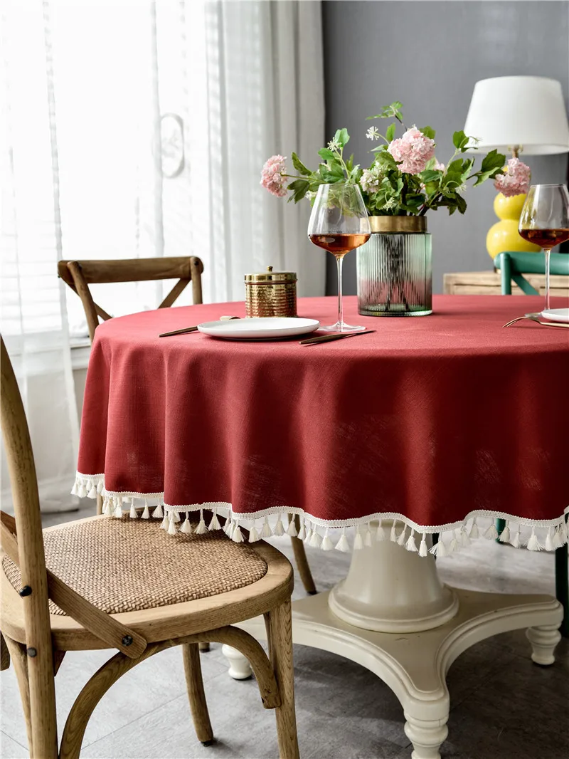 

Solid Color Decorative Polyester Tablecloth With Lace Waterproof Round Table Cloth for Home Kitchen Dining Room Hotel