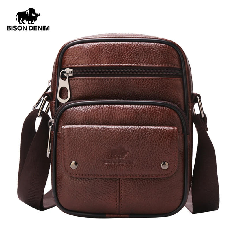 

BISON DENIM Genuine Leather Shoulder Bags Zipper Designer Small Vintage Crossbody Messenger Bags For Men Male W2431