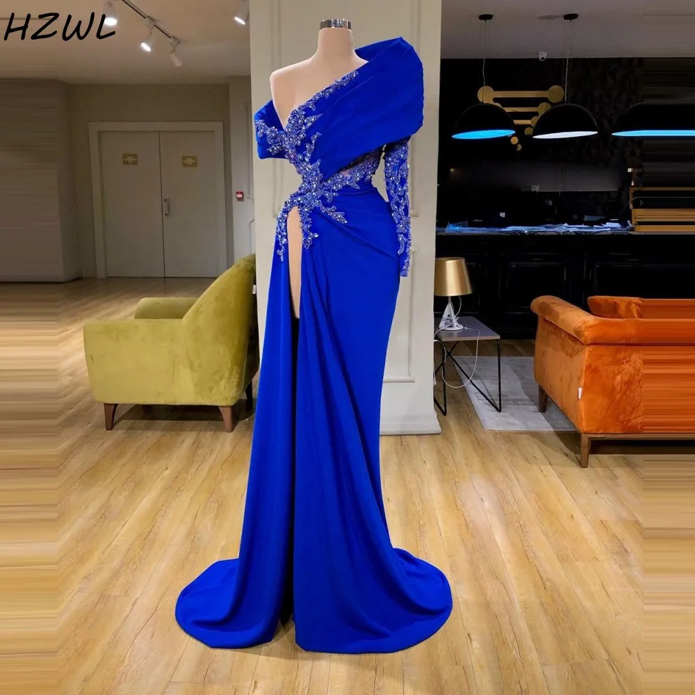 

Royal Blue Evening Dresses Long One Shoulder Sequins Beads High Side Split Prom Dress Sexy Formal Wear Robe de soiree