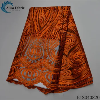 

Alisa orange african lace fabric embroidery with beads and stones 5 yards/piece french net laces mesh fabrics for garment sewing