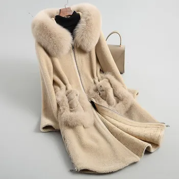 

Real Fur Coat Winter Jacket Women Fox Fur Collar Sheep Shearling Fur Coat Female 100% Wool Coats Korean KQN18108-5 MY1962