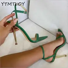 2021 nova cinta de tornozelo senhoras verdes saltos altos 11 cm sandálias dedo do pé apontado sapatos quadrados femininos sandalias de mujer