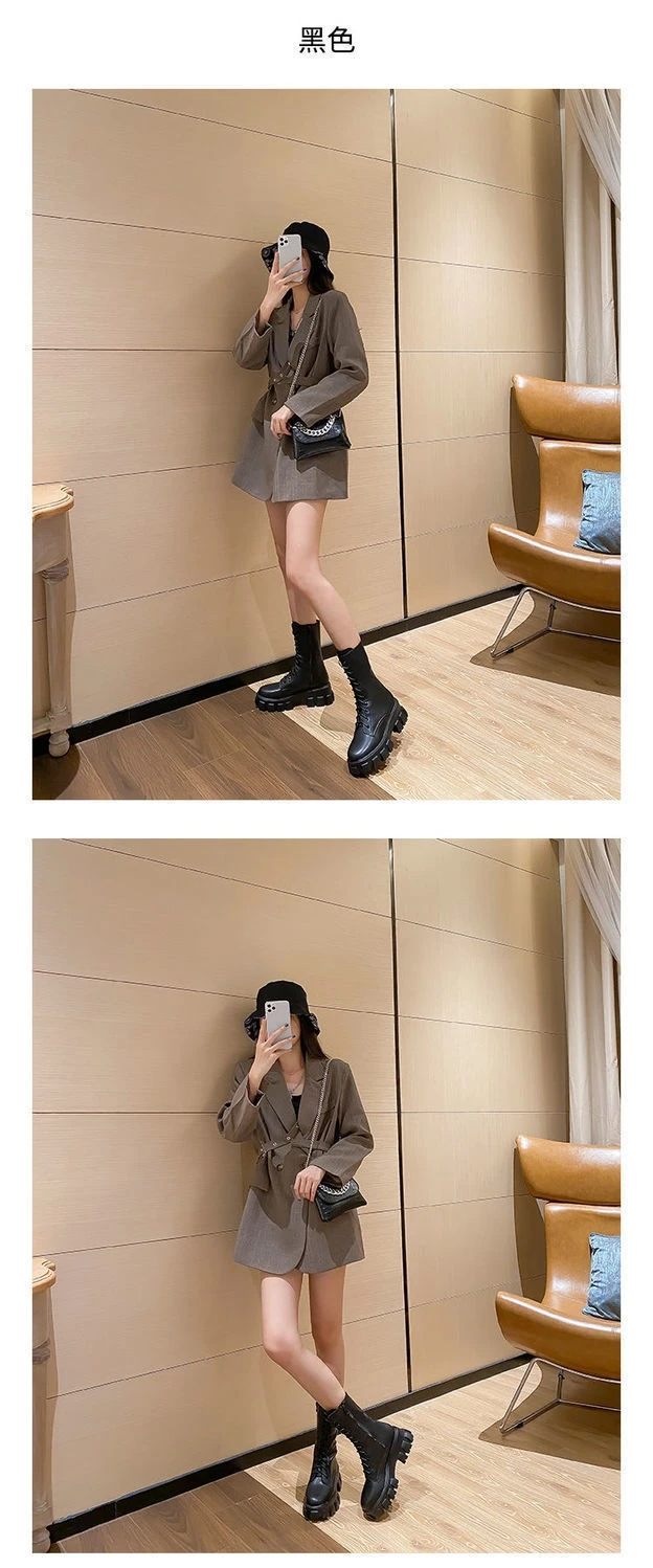 JAYHW Martin Boots Women Shoes Autumn Artificial Leather Round Toe Cross Lace-up Mid-calf Goth Boots Platform Botas Woman Mujer