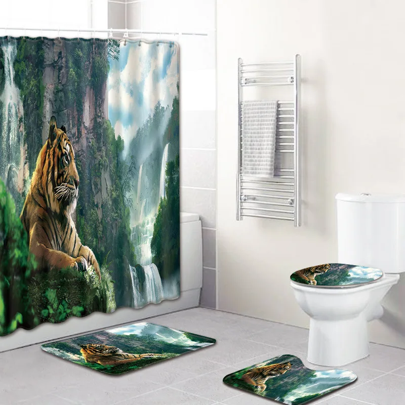 tiger Print Shower Curtain 4 Piece Carpet Cover Toilet Cover Bath Mat Pad Set Bathroom Curtain 12 Hooks