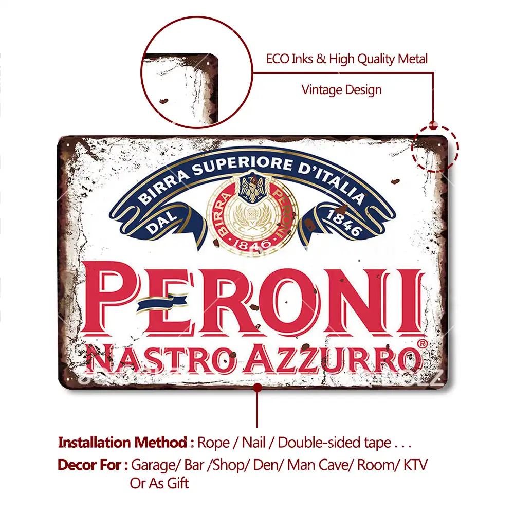 Peroni beer Metal plaque vintage retro style with holes man cave tin bar sign 