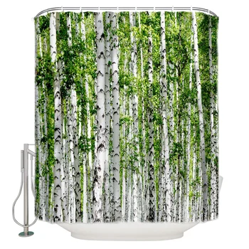 

Birch Forest Tree Green Leaves Plant Woods White Shower Curtain Waterproof Curtains Polyester Bath Curtain