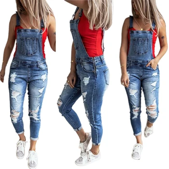 

Women's Denim Overalls, Casual Slim Fit Ankle Length Skinny Leg Ripped Bib Overalls Long Jumpsuit