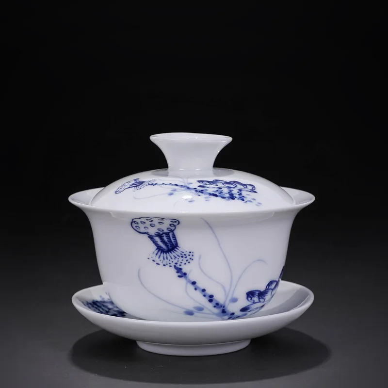 Керамическая Sancai Gaiwan, 150 мл, голубая и белая фарфоровая чайная чаша, чайная чашка и блюдце, набор, чайник - Цвет: Lotus